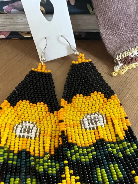 Handmade Beaded Sunflower Fringe Earrings - Yellow & Black - Picture 4 of 13